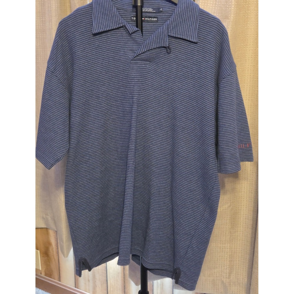 Tommy Hilfiger Striped Polo Shirt Mens Size Large Blue Black 1 Button